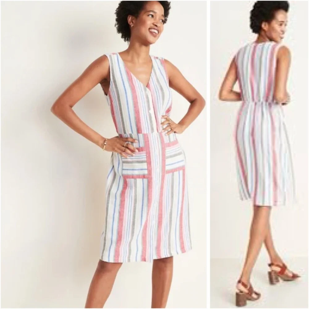 Linen Blend Vertical Stripe Dress with Pockets - Picture 1 of 8